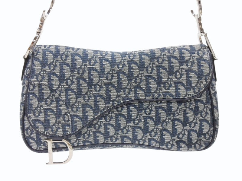 極美品 CHRISTIAN DIOR クリスチャンディオール トロッターライン サドルバッグ ワンショルダーバッグ ネイビー シルバー金具 中古 4b007198