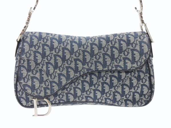極美品 CHRISTIAN DIOR クリスチャンディオール トロッターライン サドルバッグ ワンショルダーバッグ ネイビー シルバー金具 中古 4b007198