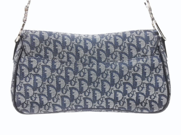 極美品 CHRISTIAN DIOR クリスチャンディオール トロッターライン サドルバッグ ワンショルダーバッグ ネイビー シルバー金具 中古 4b007198