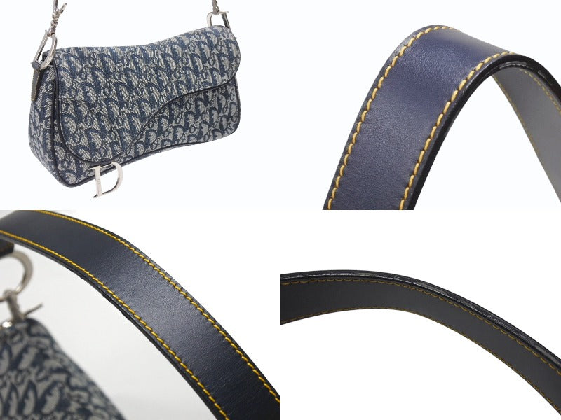 極美品 CHRISTIAN DIOR クリスチャンディオール トロッターライン サドルバッグ ワンショルダーバッグ ネイビー シルバー金具 中古 4b007198
