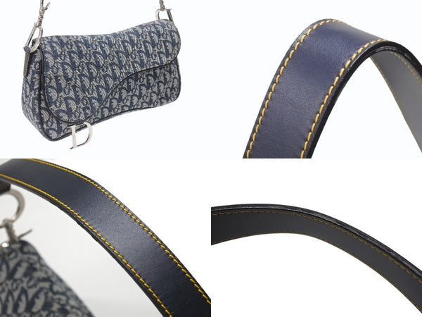 極美品 CHRISTIAN DIOR クリスチャンディオール トロッターライン サドルバッグ ワンショルダーバッグ ネイビー シルバー金具 中古 4b007198