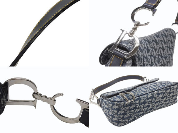 極美品 CHRISTIAN DIOR クリスチャンディオール トロッターライン サドルバッグ ワンショルダーバッグ ネイビー シルバー金具 中古 4b007198