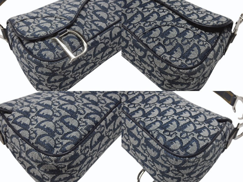 極美品 CHRISTIAN DIOR クリスチャンディオール トロッターライン サドルバッグ ワンショルダーバッグ ネイビー シルバー金具 中古 4b007198