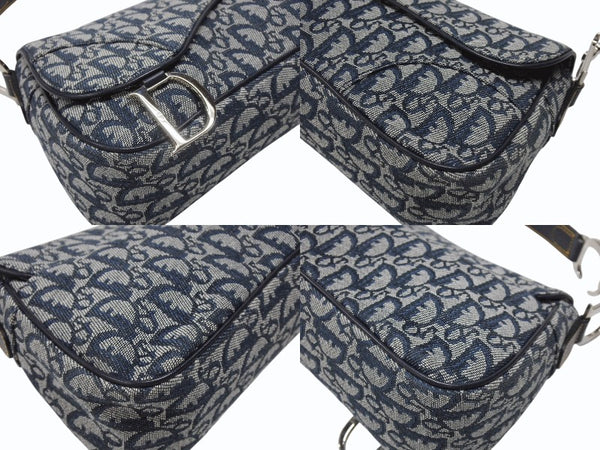 極美品 CHRISTIAN DIOR クリスチャンディオール トロッターライン サドルバッグ ワンショルダーバッグ ネイビー シルバー金具 中古 4b007198