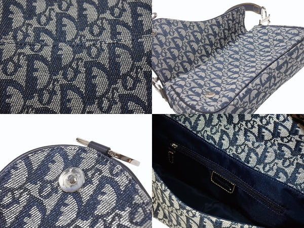 極美品 CHRISTIAN DIOR クリスチャンディオール トロッターライン サドルバッグ ワンショルダーバッグ ネイビー シルバー金具 中古 4b007198