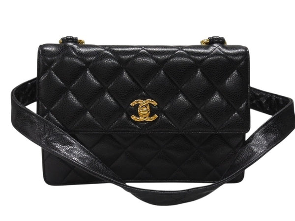 極美品 CHANEL シャネル ワンショルダーバッグ 2番台 キャビアスキン ココマーク ブラック ヴィンテージ ゴールド金具 中古 4b007226
