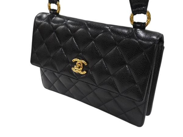 極美品 CHANEL シャネル ワンショルダーバッグ 2番台 キャビアスキン ココマーク ブラック ヴィンテージ ゴールド金具 中古 4b007226