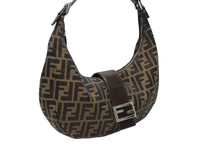 画像をギャラリービューアに読み込む, FENDI フェンディ クロワッサン ハーフムーン ワンショルダーバッグ ハンドバッグ キャンバス ブラウン シルバー金具 美品 中古 4b007317