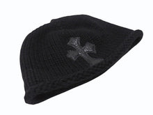 画像をギャラリービューアに読み込む, 極美品 CHROME HEARTS クロムハーツ クロスパッチ ニットキャップ ビーニー カシミヤ レザー シルバー925 ブラック 中古 4b007354