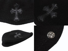 画像をギャラリービューアに読み込む, 極美品 CHROME HEARTS クロムハーツ クロスパッチ ニットキャップ ビーニー カシミヤ レザー シルバー925 ブラック 中古 4b007354