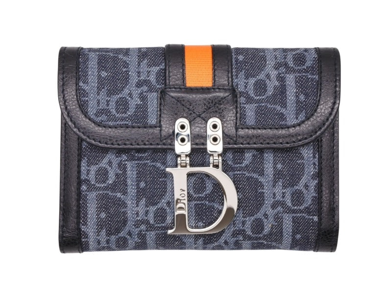 Like new CHRIATIAN DIOR Bifold Wallet Compact Wallet Trotter Line Navy Black Orange Used 4b007438