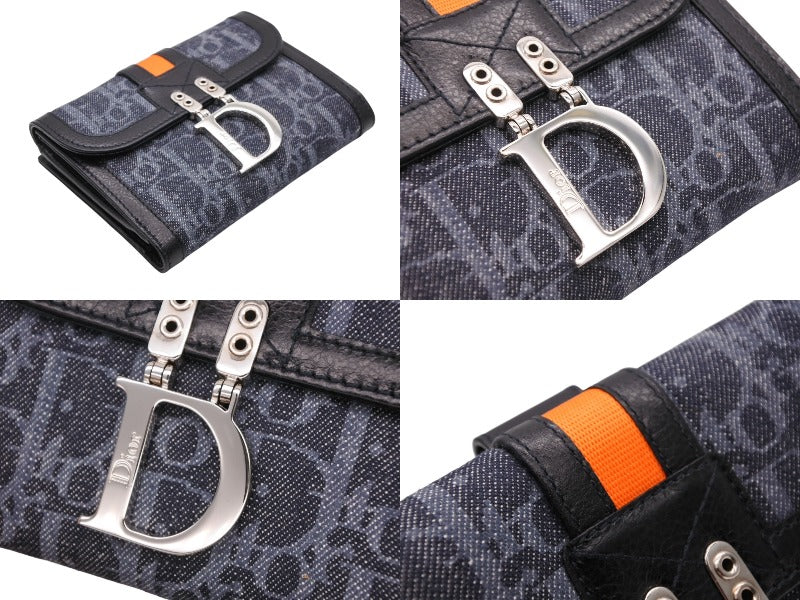 新品同様 CHRIATIAN DIOR クリスチャンディオール 二つ折り財布 コンパクト財布 トロッターライン ネイビー ブラック オレンジ 中古 4b007438