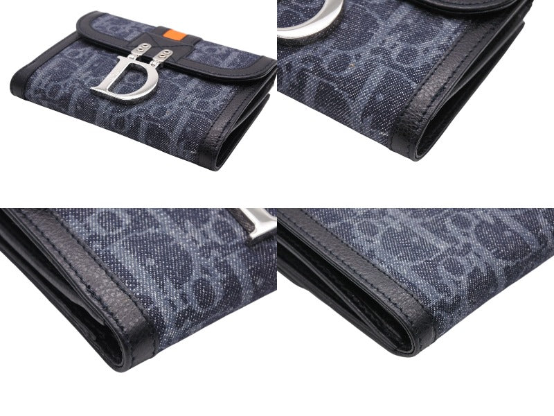 新品同様 CHRIATIAN DIOR クリスチャンディオール 二つ折り財布 コンパクト財布 トロッターライン ネイビー ブラック オレンジ 中古 4b007438