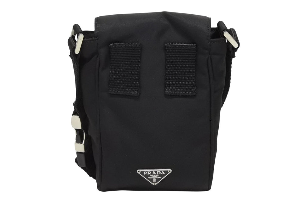 PRADA Triangle Logo Mini Shoulder Bag Phone Case Pouch Black Made in Italy Silver Hardware Good Condition Used 4b007439