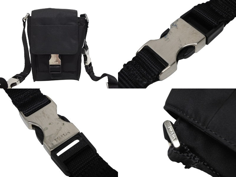 PRADA Triangle Logo Mini Shoulder Bag Phone Case Pouch Black Made in Italy Silver Hardware Good Condition Used 4b007439