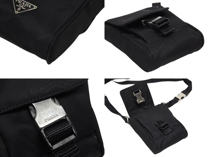 PRADA Triangle Logo Mini Shoulder Bag Phone Case Pouch Black Made in Italy Silver Hardware Good Condition Used 4b007439