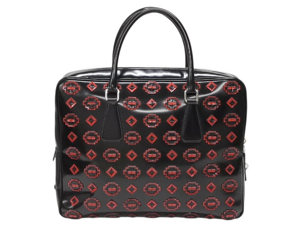 PRADA プラダ ハンドバッグ ロゴプレート エナメル パテントレザー・エナメル ブラック レッド 美品 中古 4b007454