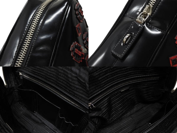 PRADA プラダ ハンドバッグ ロゴプレート エナメル パテントレザー・エナメル ブラック レッド 美品 中古 4b007454