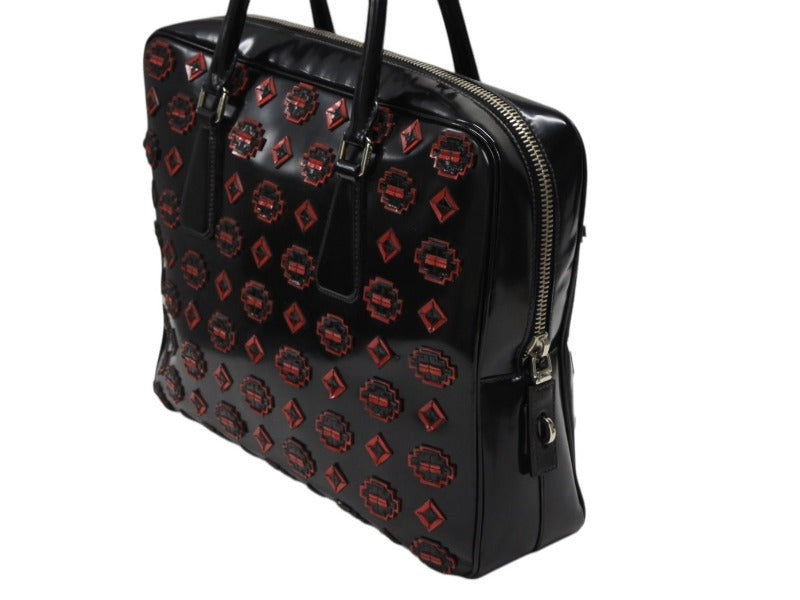 PRADA Prada Handbag Logo Plate Enamel Patent Leather Enamel Black Red Good Condition Used 4b007454