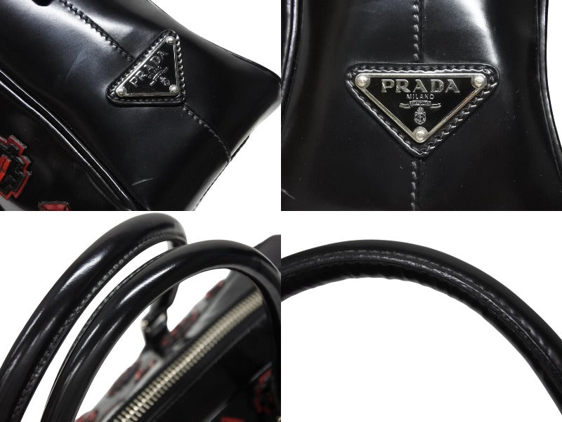 PRADA Prada Handbag Logo Plate Enamel Patent Leather Enamel Black Red Good Condition Used 4b007454