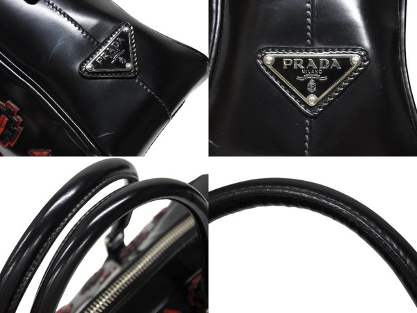 PRADA プラダ ハンドバッグ ロゴプレート エナメル パテントレザー・エナメル ブラック レッド 美品 中古 4b007454