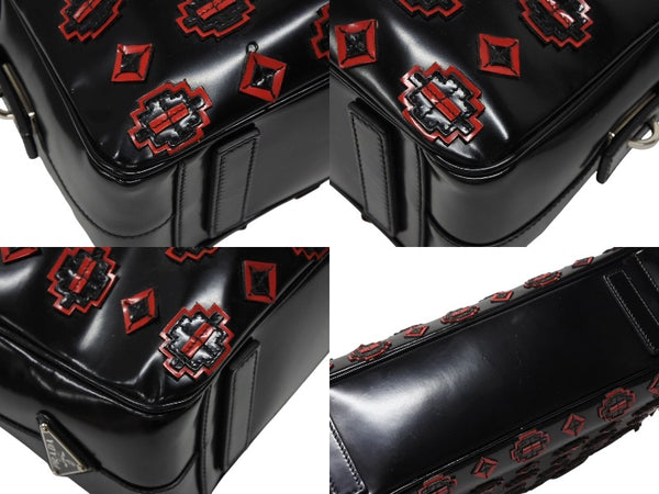 PRADA プラダ ハンドバッグ ロゴプレート エナメル パテントレザー・エナメル ブラック レッド 美品 中古 4b007454