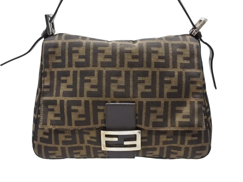 FENDI フェンディ マンマバケット ショルダーバッグ ズッカ柄 コットンキャンバス レザー ブラウン シルバー金具 美品 中古 4b007496