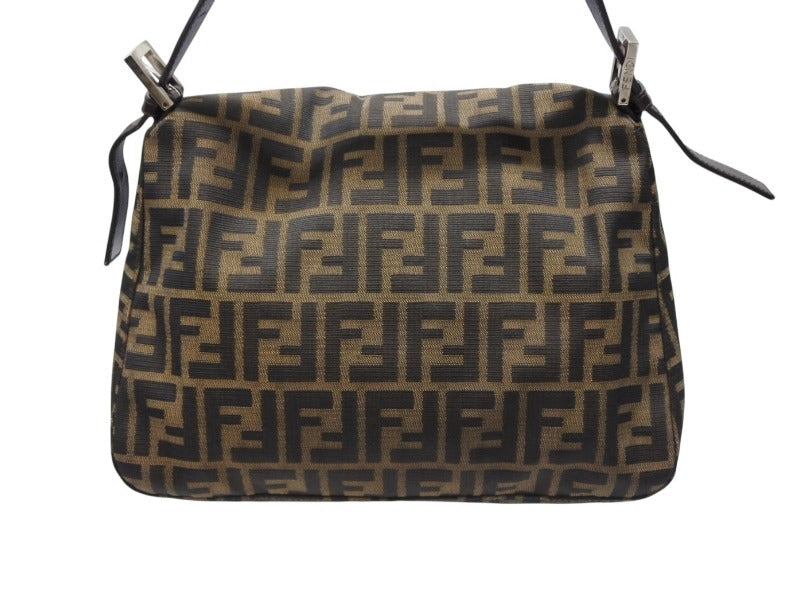 FENDI フェンディ マンマバケット ショルダーバッグ ズッカ柄 コットンキャンバス レザー ブラウン シルバー金具 美品 中古 4b007496
