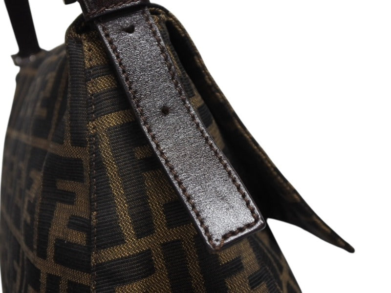 FENDI Mamma Bucket Shoulder Bag Zucca Pattern Cotton Canvas Leather Brown Silver Hardware Good Condition Used 4b007496