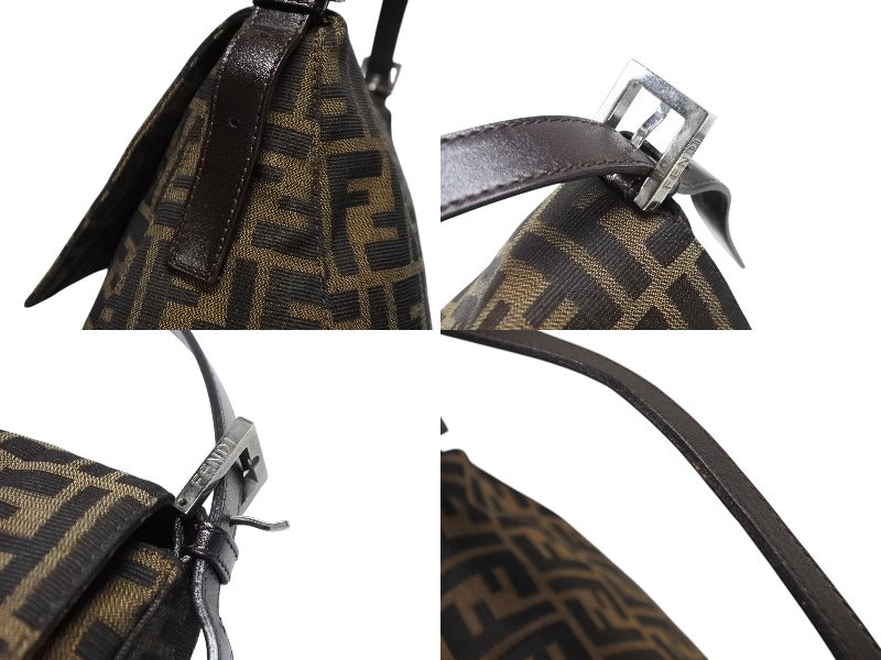 FENDI Mamma Bucket Shoulder Bag Zucca Pattern Cotton Canvas Leather Brown Silver Hardware Good Condition Used 4b007496