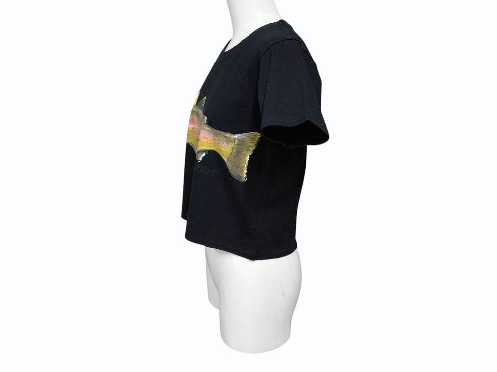 新品未使用 KAPITAL キャピタル 20/-天竺 クロップドT(トラウト1匹PECKISH RAINBOWYpt) Tシャツ K2508SC001 ブラック サイズ1 中古 4b007550