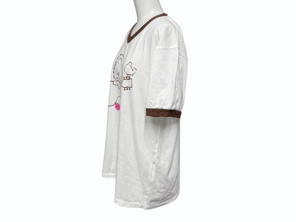 新品未使用 KAPITAL キャピタル 20/-天竺 VネックリンガーT(リトルベア&ハーモニーpt) Tシャツ K2502SC017 ホワイト ブラウン サイズ3 中古 4b007552