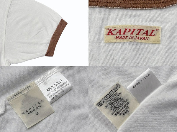 Brand new, unused KAPITAL 20/- jersey V-neck ringer T-shirt (Little Bear)&ハMoni pt) T-shirt K2502SC017 White Brown Size 3 Used 4b007552