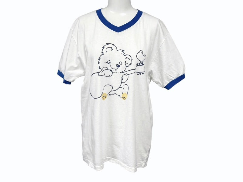 新品未使用 KAPITAL キャピタル 20/-天竺 VネックリンガーT(リトルベア&ハーモニーpt) Tシャツ K2502SC017 ブルー サイズ2 中古 4b007553 新品未使用 KAPITAL キャピタル 20/-天竺 VネックリンガーT(リトルベア
