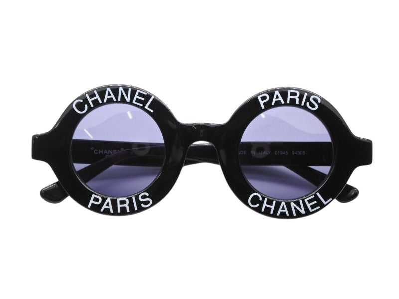 極美品 CHANEL シャネル VINTAGE ヴィンテージ ラウンドサングラス 01945 ココマーク ブラック ホワイト プラスチック 中古 4b007567