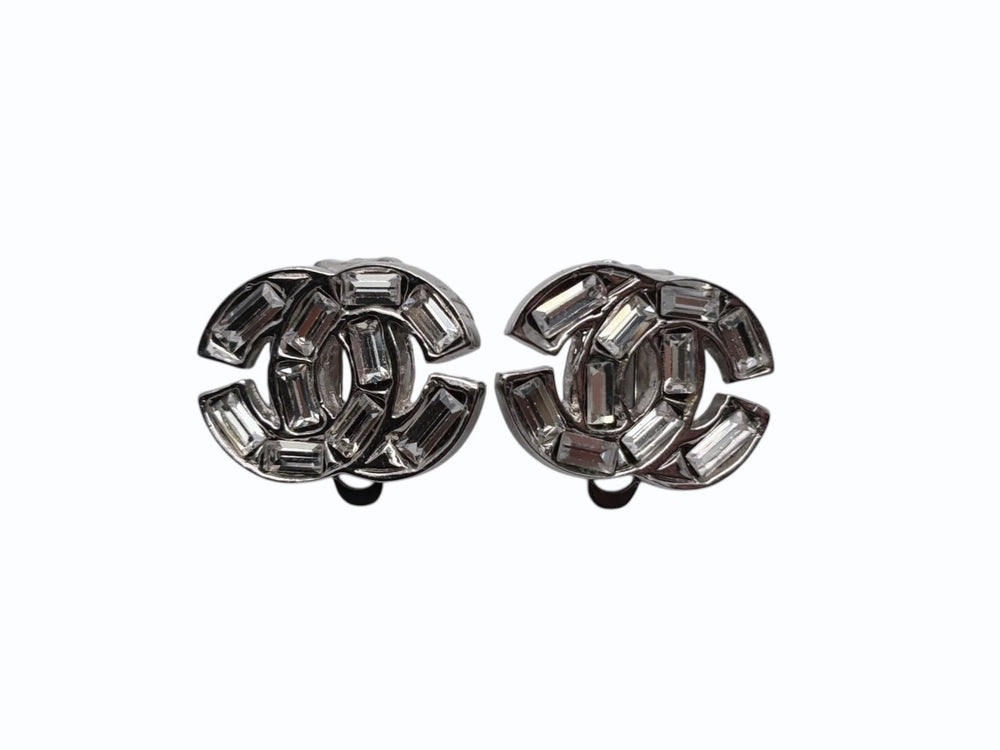 極美品 CHANEL シャネル ココマーク ラインストーン シルバー 両耳 イヤリング 01P刻印 重量7.0g シルバー金具 中古 4b007584