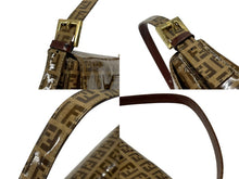 画像をギャラリービューアに読み込む, 極美品 FENDI フェンディ ズッキーノ柄 マンマバケット ワンショルダーバッグ エナメル レザー ブラウン ベージュ ゴールド金具 中古 4b007627