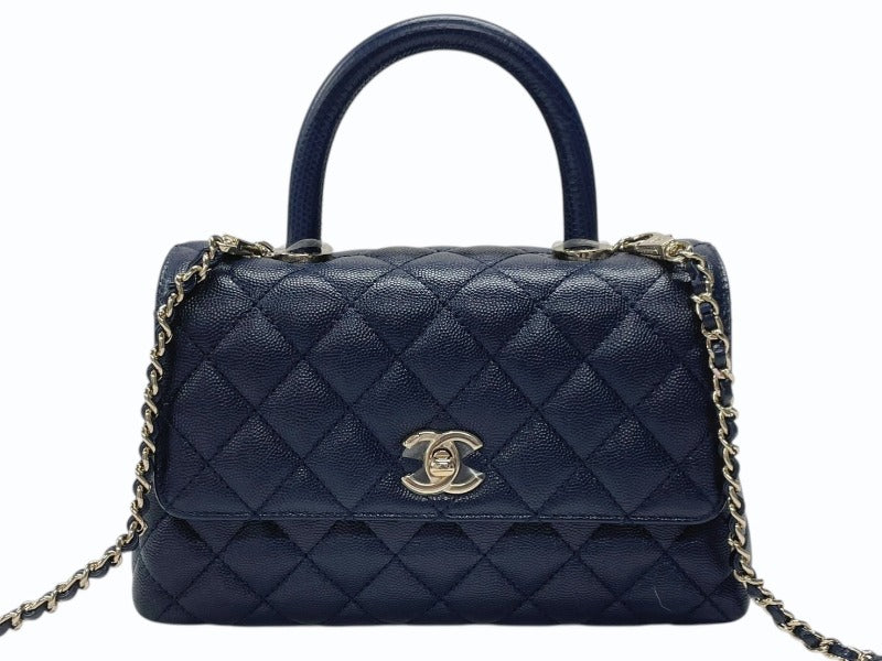 新品同様 CHANEL シャネル トップハンドル フラップバッグ ランダム番台 2WAY ココマーク キャビアスキン ネイビー ゴールド金具 中古 4b007648