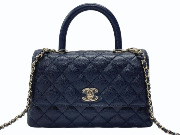 新品同様 CHANEL シャネル トップハンドル フラップバッグ ランダム番台 2WAY ココマーク キャビアスキン ネイビー ゴールド金具 中古 4b007648