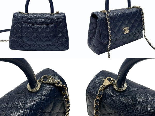 新品同様 CHANEL シャネル トップハンドル フラップバッグ ランダム番台 2WAY ココマーク キャビアスキン ネイビー ゴールド金具 中古 4b007648