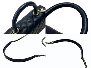 新品同様 CHANEL シャネル トップハンドル フラップバッグ ランダム番台 2WAY ココマーク キャビアスキン ネイビー ゴールド金具 中古 4b007648