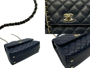 新品同様 CHANEL シャネル トップハンドル フラップバッグ ランダム番台 2WAY ココマーク キャビアスキン ネイビー ゴールド金具 中古 4b007648