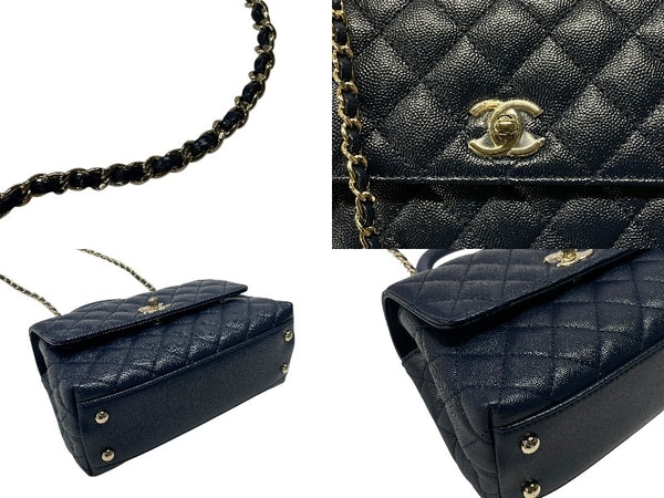 新品同様 CHANEL シャネル トップハンドル フラップバッグ ランダム番台 2WAY ココマーク キャビアスキン ネイビー ゴールド金具 中古 4b007648