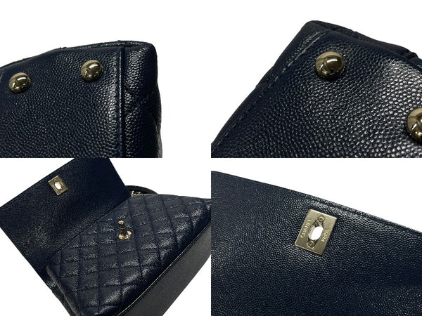 新品同様 CHANEL シャネル トップハンドル フラップバッグ ランダム番台 2WAY ココマーク キャビアスキン ネイビー ゴールド金具 中古 4b007648
