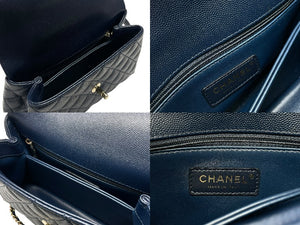 新品同様 CHANEL シャネル トップハンドル フラップバッグ ランダム番台 2WAY ココマーク キャビアスキン ネイビー ゴールド金具 中古 4b007648
