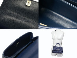 新品同様 CHANEL シャネル トップハンドル フラップバッグ ランダム番台 2WAY ココマーク キャビアスキン ネイビー ゴールド金具 中古 4b007648