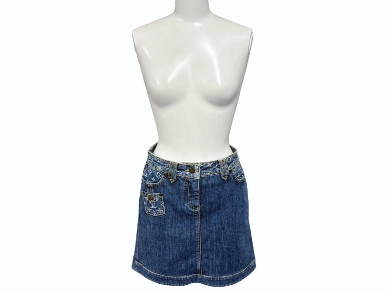 Mint condition LOUIS VUITTON denim skirt 08SS RW081W WMSK01 CF7 Monogram Denim Cotton Blue Gold Hardware Used 4b007661