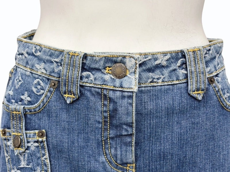 極美品 LOUIS VUITTON ルイヴィトン デニムスカート 08SS RW081W WMSK01 CF7 モノグラムデニム コットン ブルー ゴールド金具 中古 4b007661