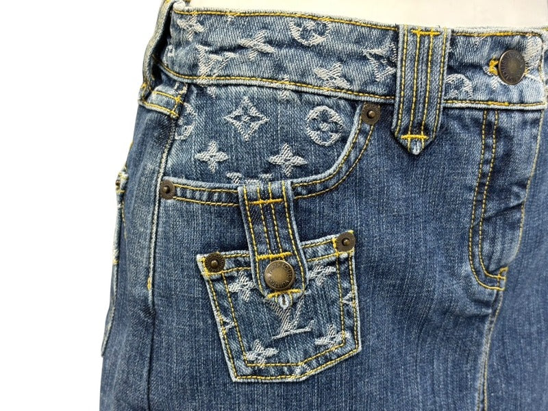 極美品 LOUIS VUITTON ルイヴィトン デニムスカート 08SS RW081W WMSK01 CF7 モノグラムデニム コットン ブルー ゴールド金具 中古 4b007661