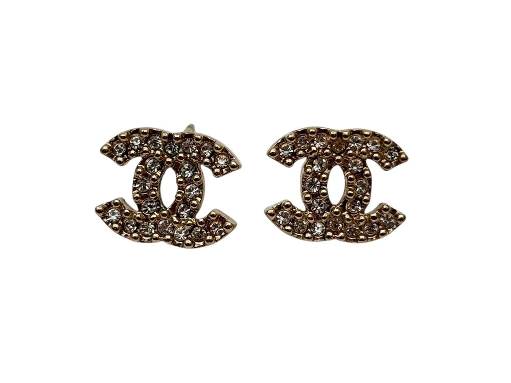 Like new CHANEL Coco Mark Rhinestone Binaural Earrings 02A Engraved Weight 4.9g Gold Used 4b006477